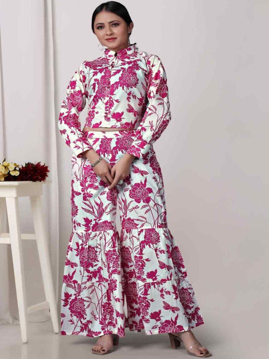 Floral Printed Band Collar Pure Cotton Top with Sharara