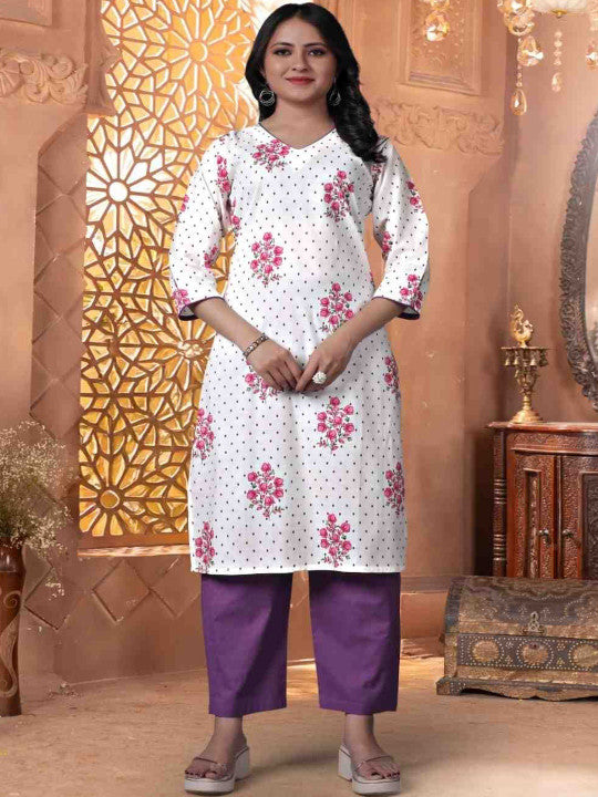 Floral Printed V-Neck Pure Cotton Kurta With Trousers