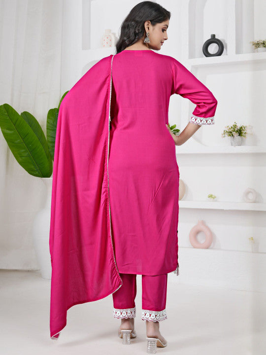 V-Neck Straight Kurta With Trousers & Dupatta