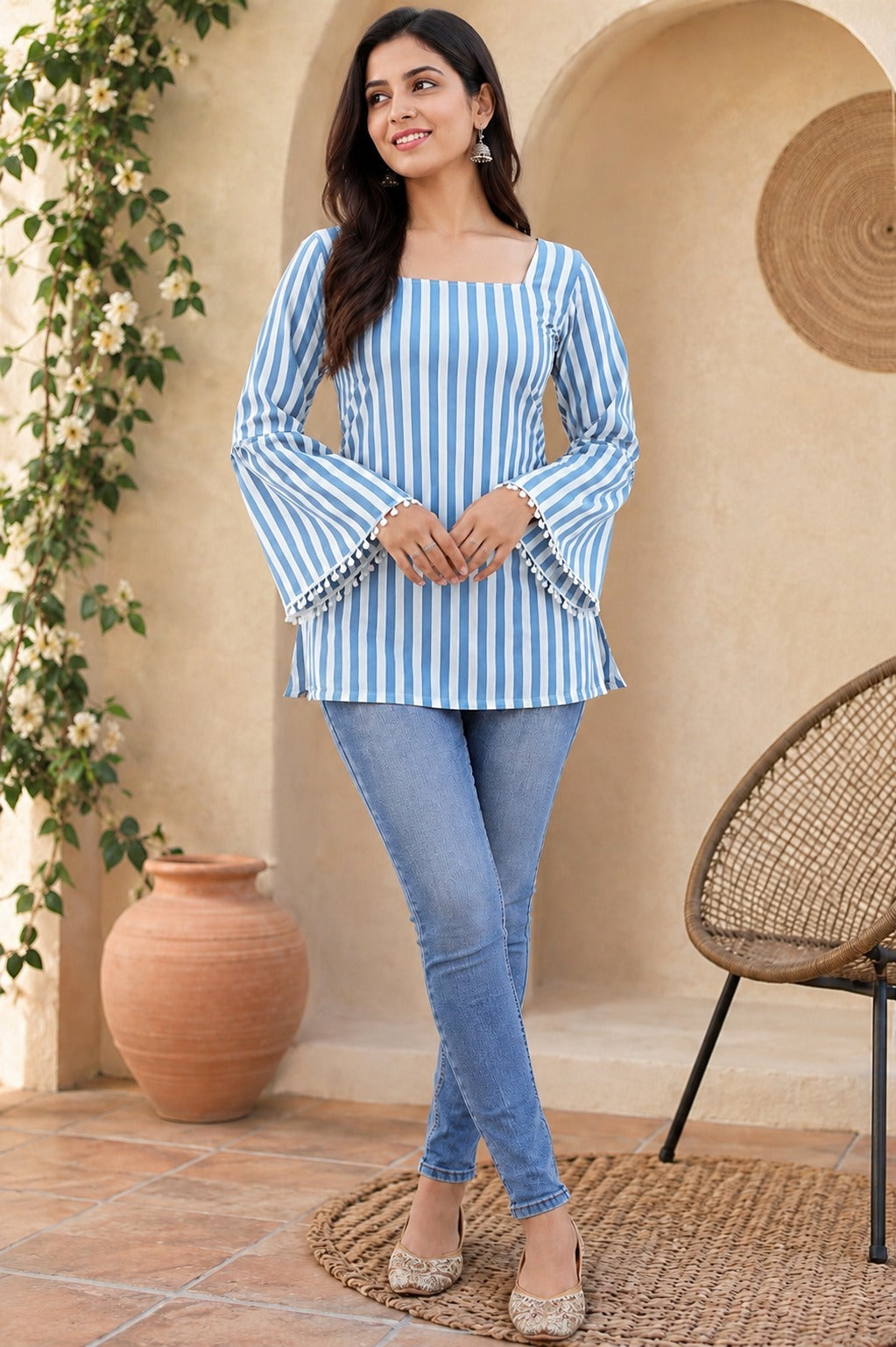 Blue Cotton Striped Regular Bell Sleeves Top