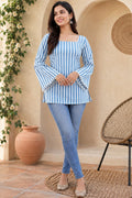 Blue Cotton Striped Regular Bell Sleeves Top