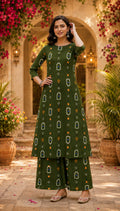 Beautiful Olive Floral Printed Kurta and Palazzo Set