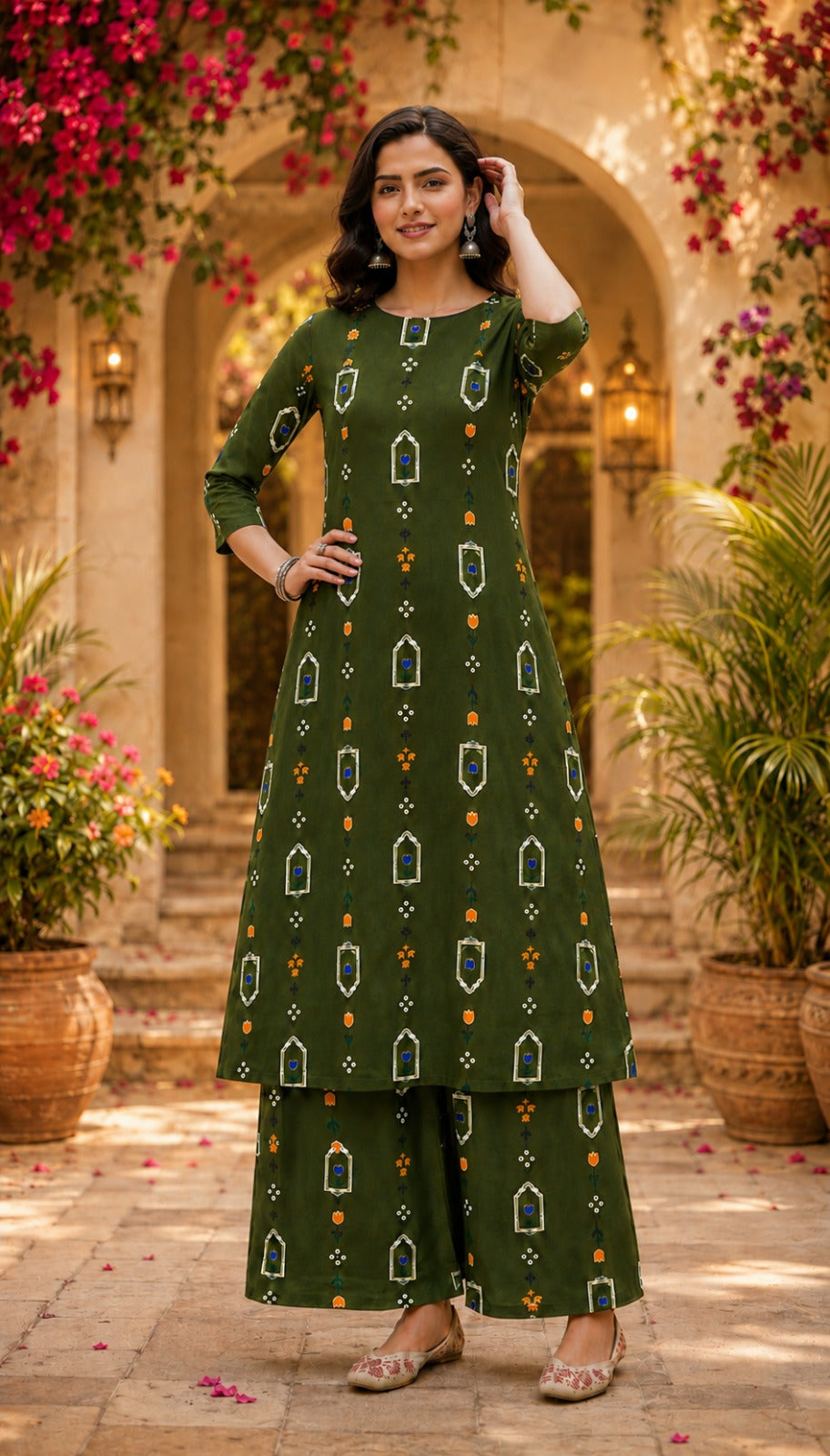Beautiful Olive Floral Printed Kurta and Palazzo Set