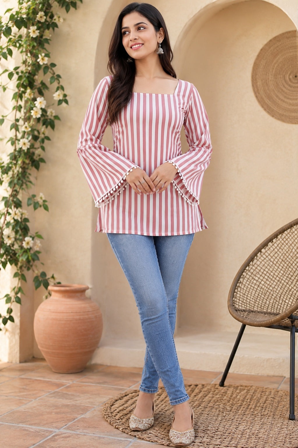 Pink Cotton Striped Regular Bell Sleeves Top