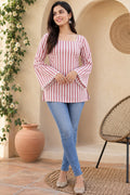 Pink Cotton Striped Regular Bell Sleeves Top