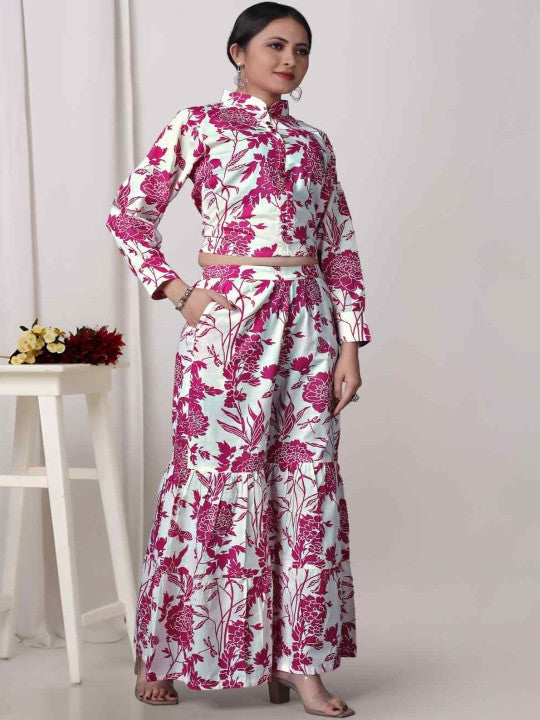 Floral Printed Band Collar Pure Cotton Top with Sharara