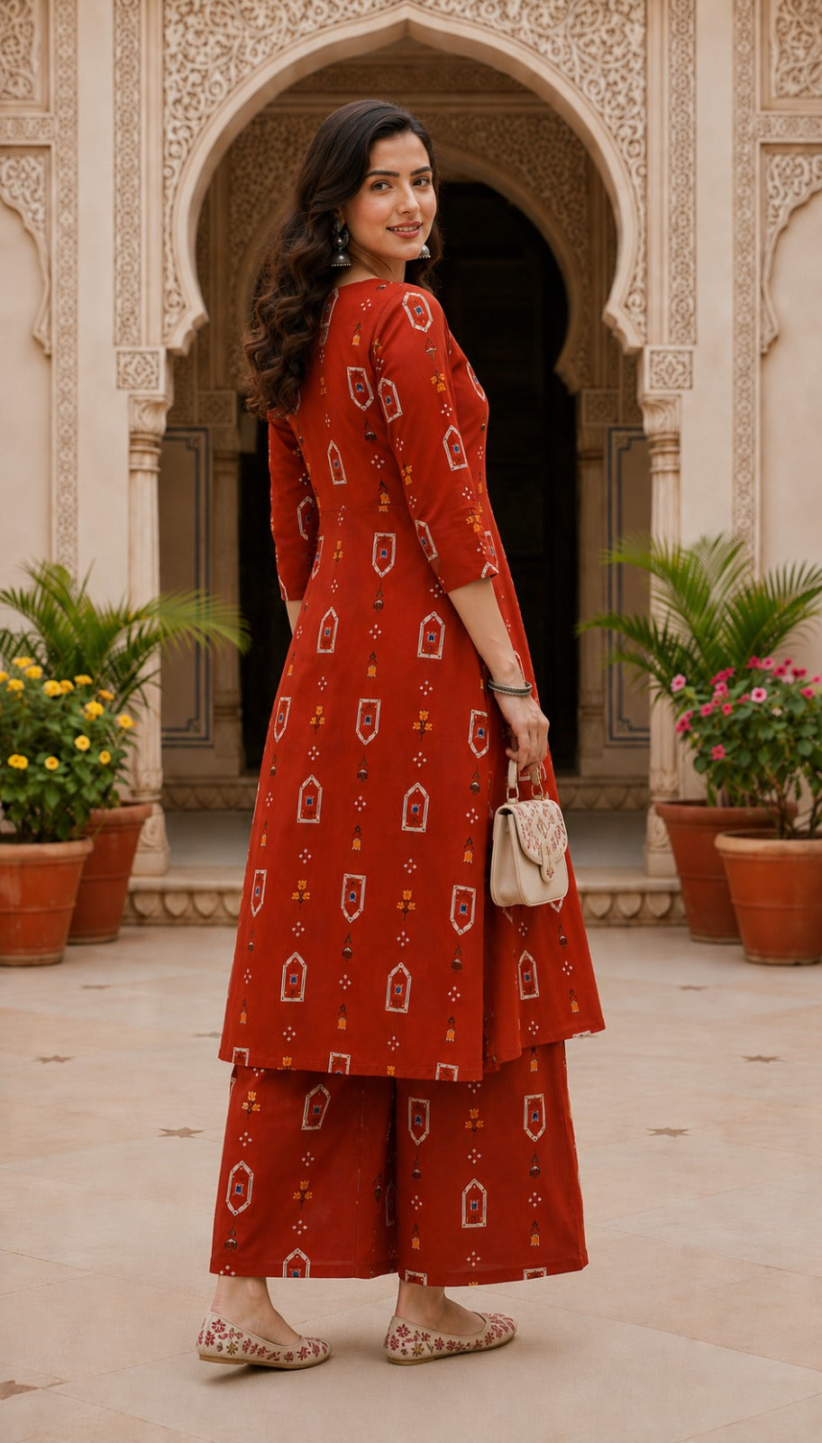 Beautiful Rust Floral Printed A-Line Kurta and Palazzo Set