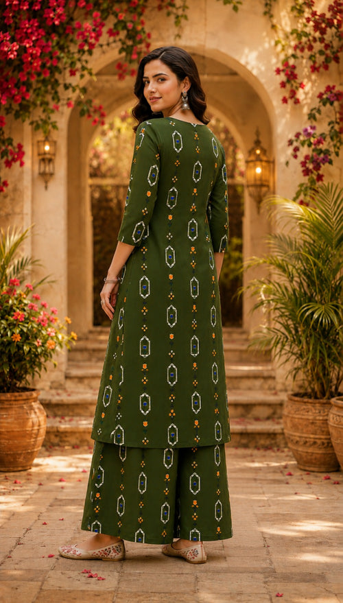 Beautiful Olive Floral Printed Kurta and Palazzo Set