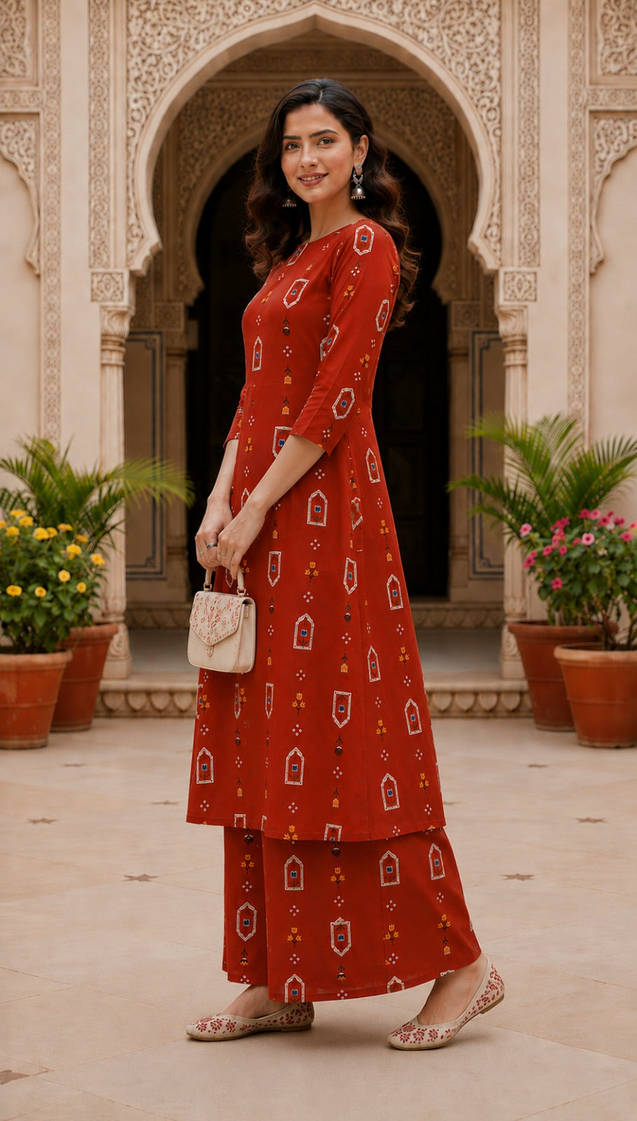 Beautiful Rust Floral Printed A-Line Kurta and Palazzo Set