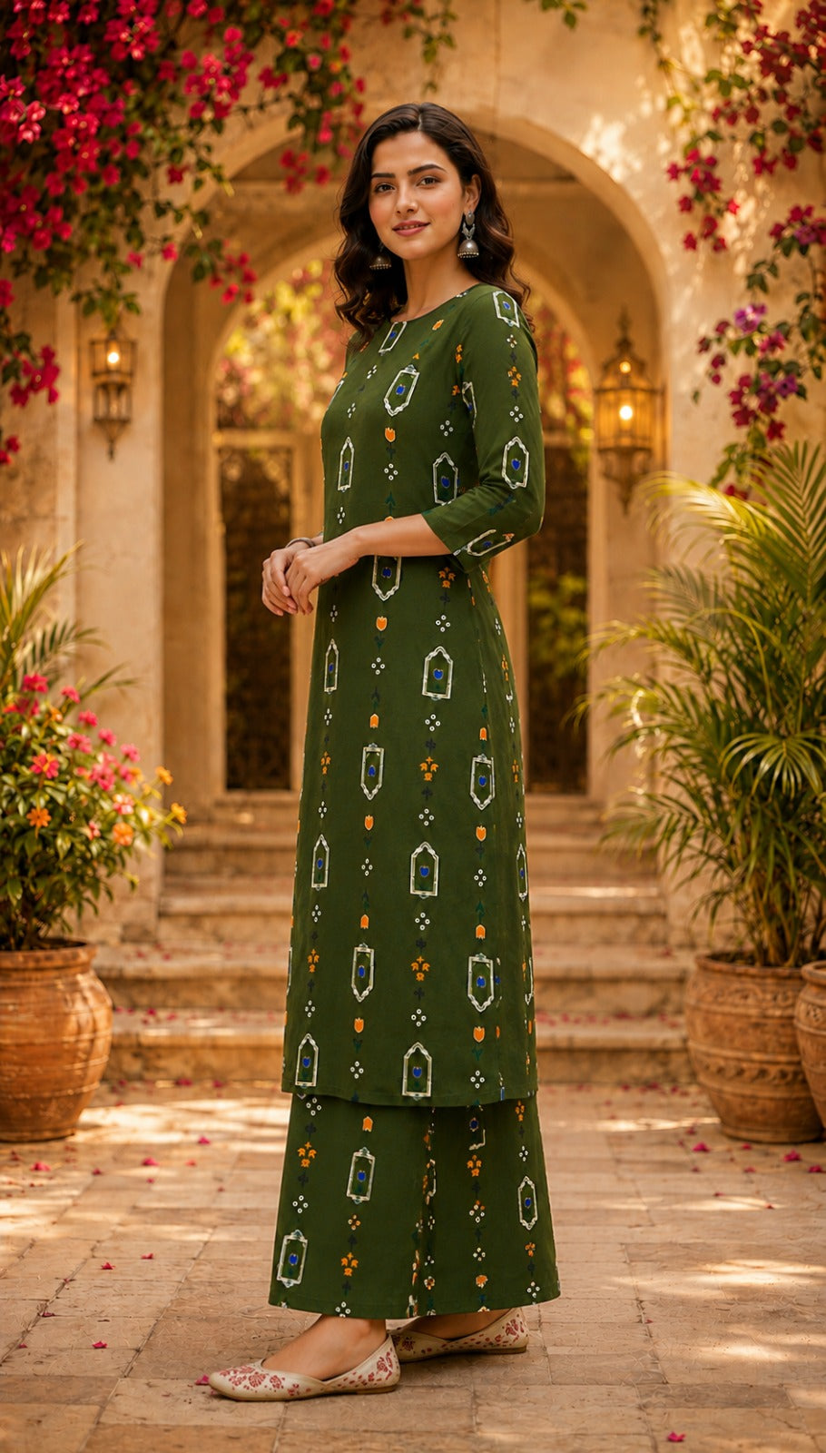 Beautiful Olive Floral Printed Kurta and Palazzo Set