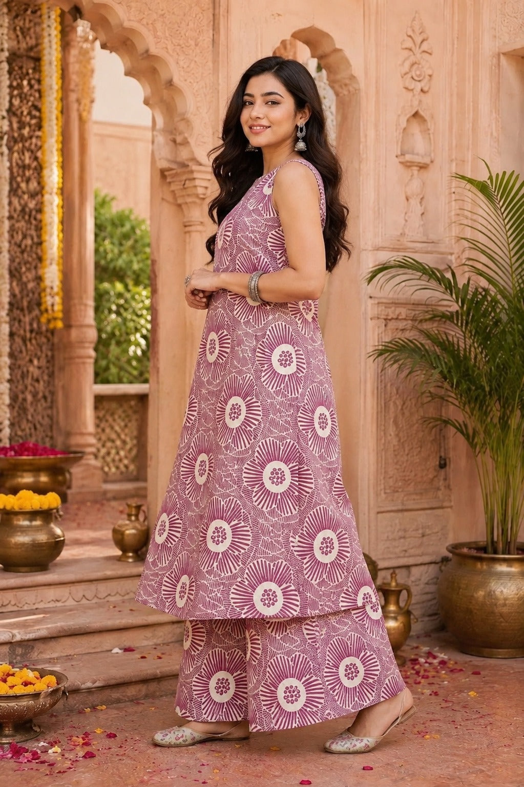 Women Purple Floral Printed Kurta and Palazzo Set