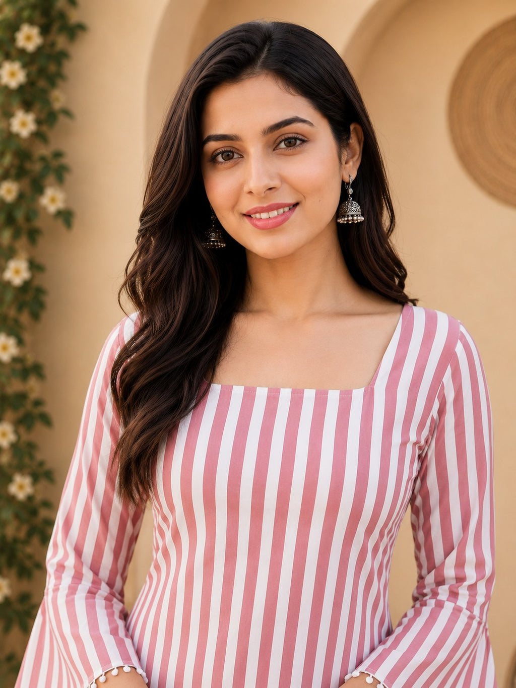 Pink Cotton Striped Regular Bell Sleeves Top