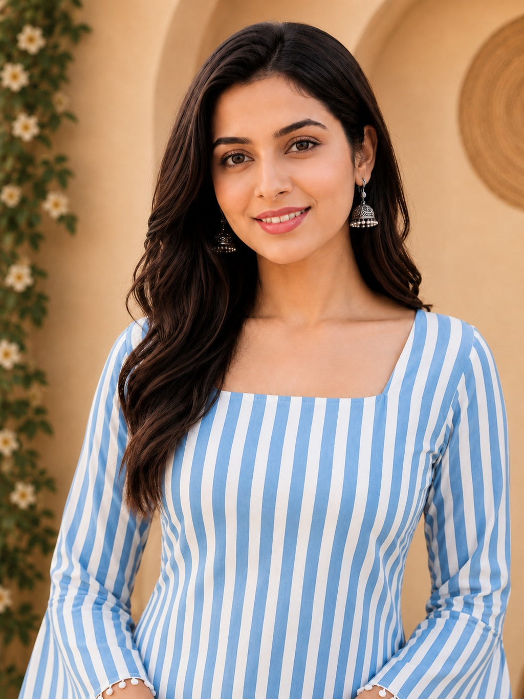 Blue Cotton Striped Regular Bell Sleeves Top