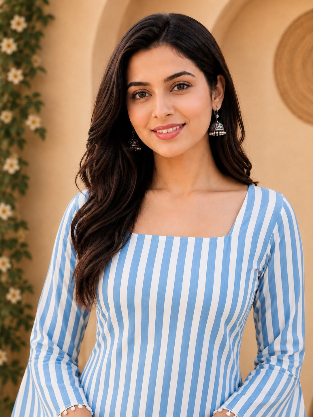 Blue Cotton Striped Regular Bell Sleeves Top
