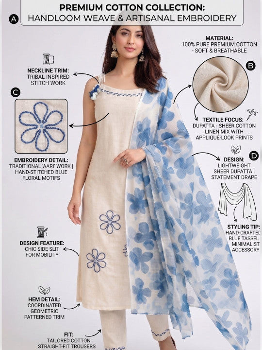 Women Floral Embroidered Regular Thread Work Kurta with Trousers & With Dupatta