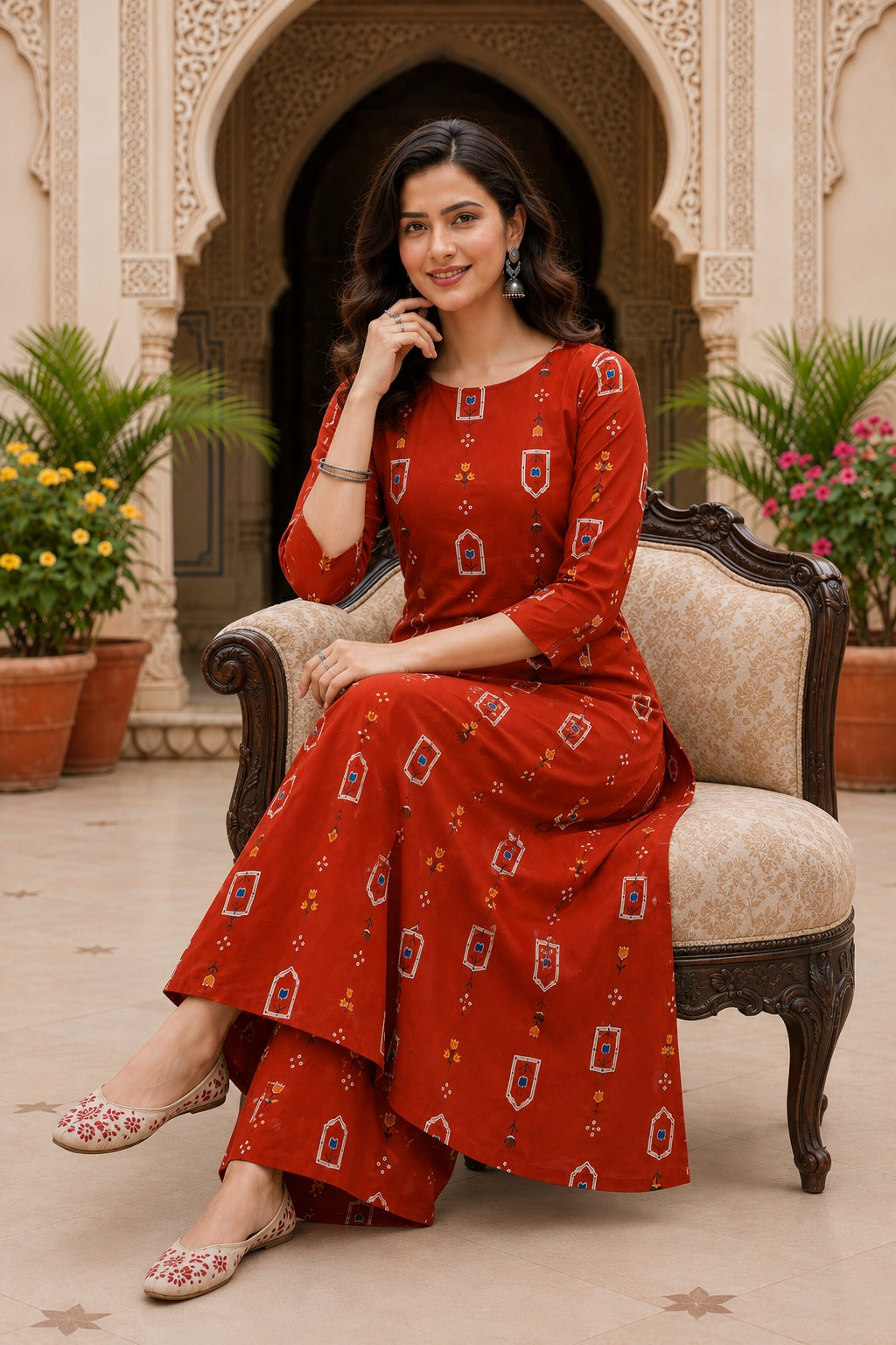 Beautiful Rust Floral Printed A-Line Kurta and Palazzo Set