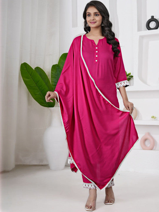 V-Neck Straight Kurta With Trousers & Dupatta