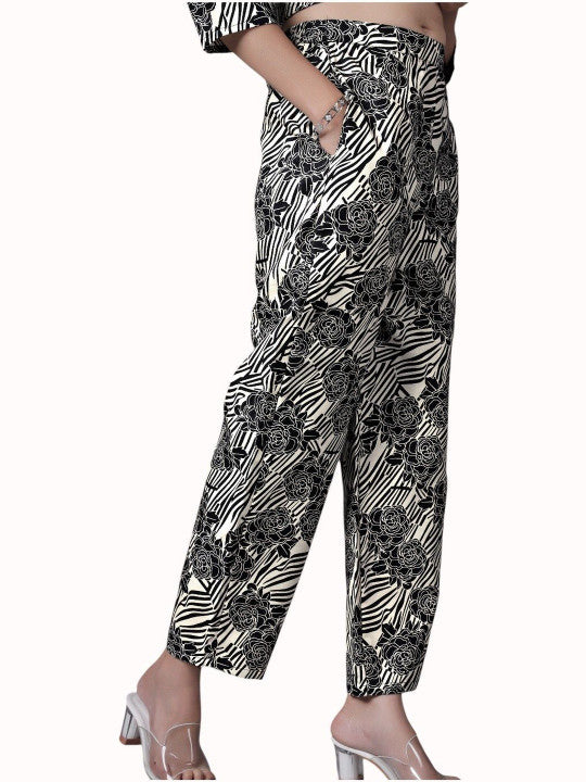 Floral Printed Shirt Collar Straight Kurti With Trousers