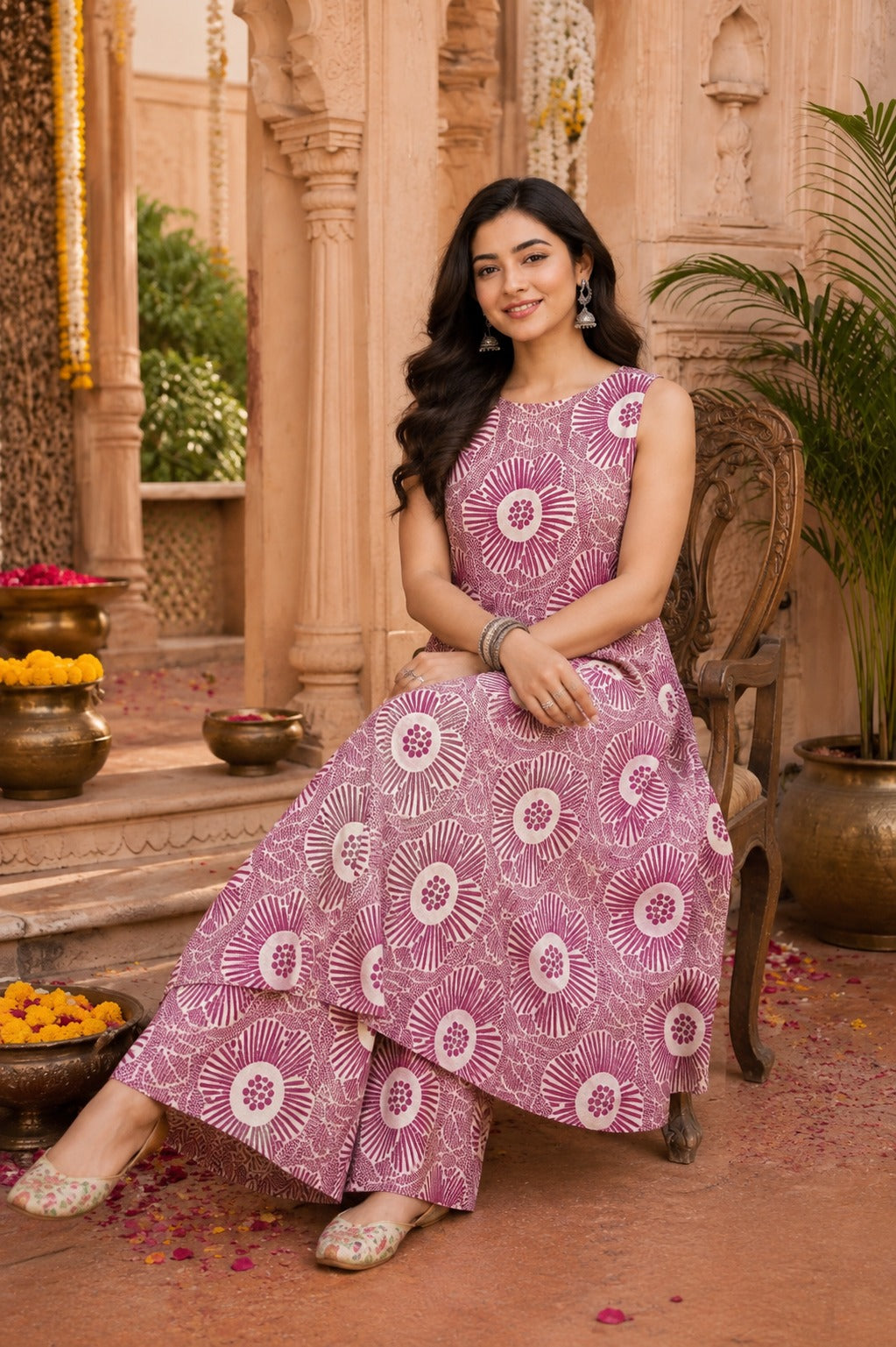 Women Purple Floral Printed Kurta and Palazzo Set