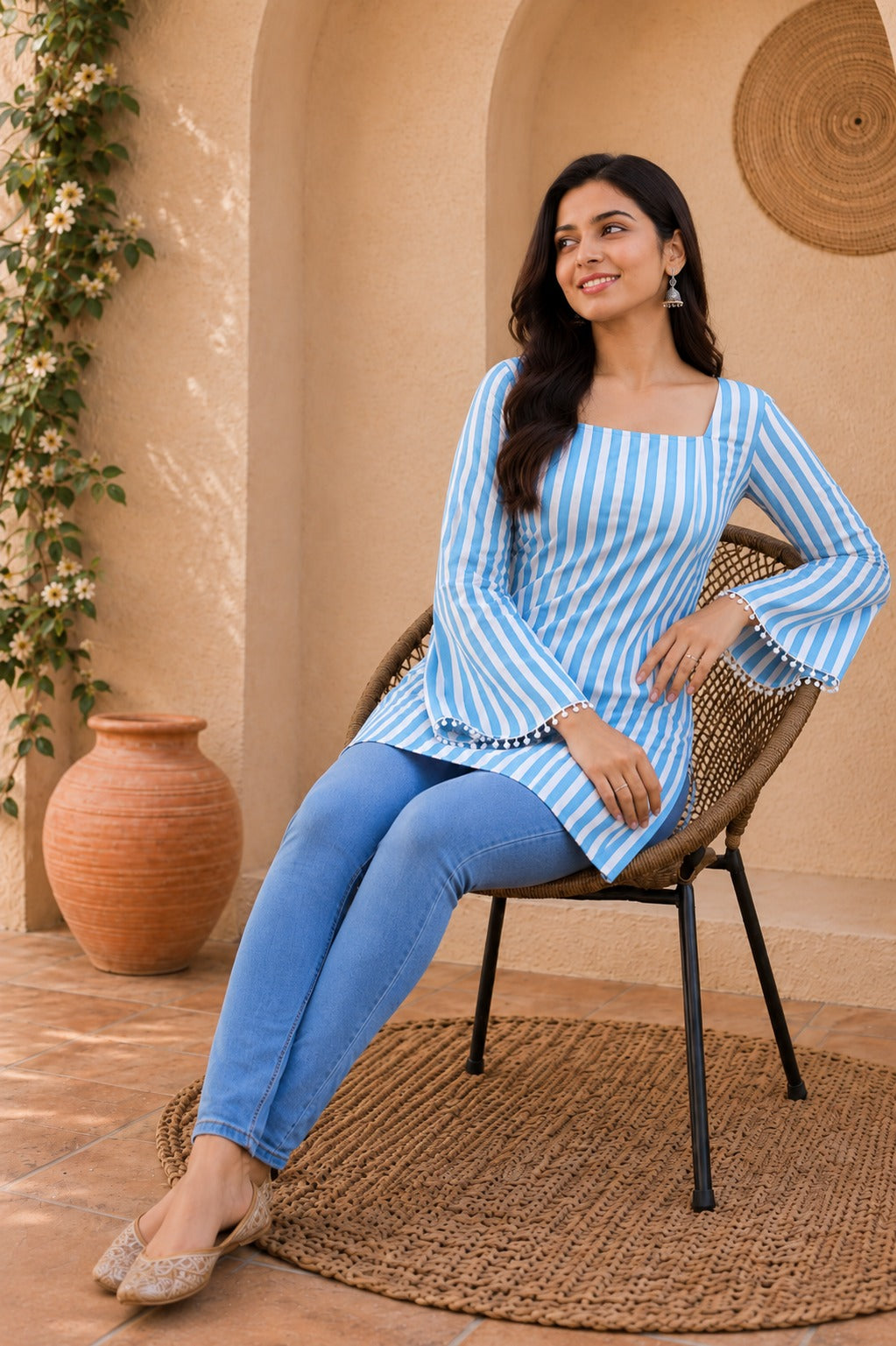 Blue Cotton Striped Regular Bell Sleeves Top