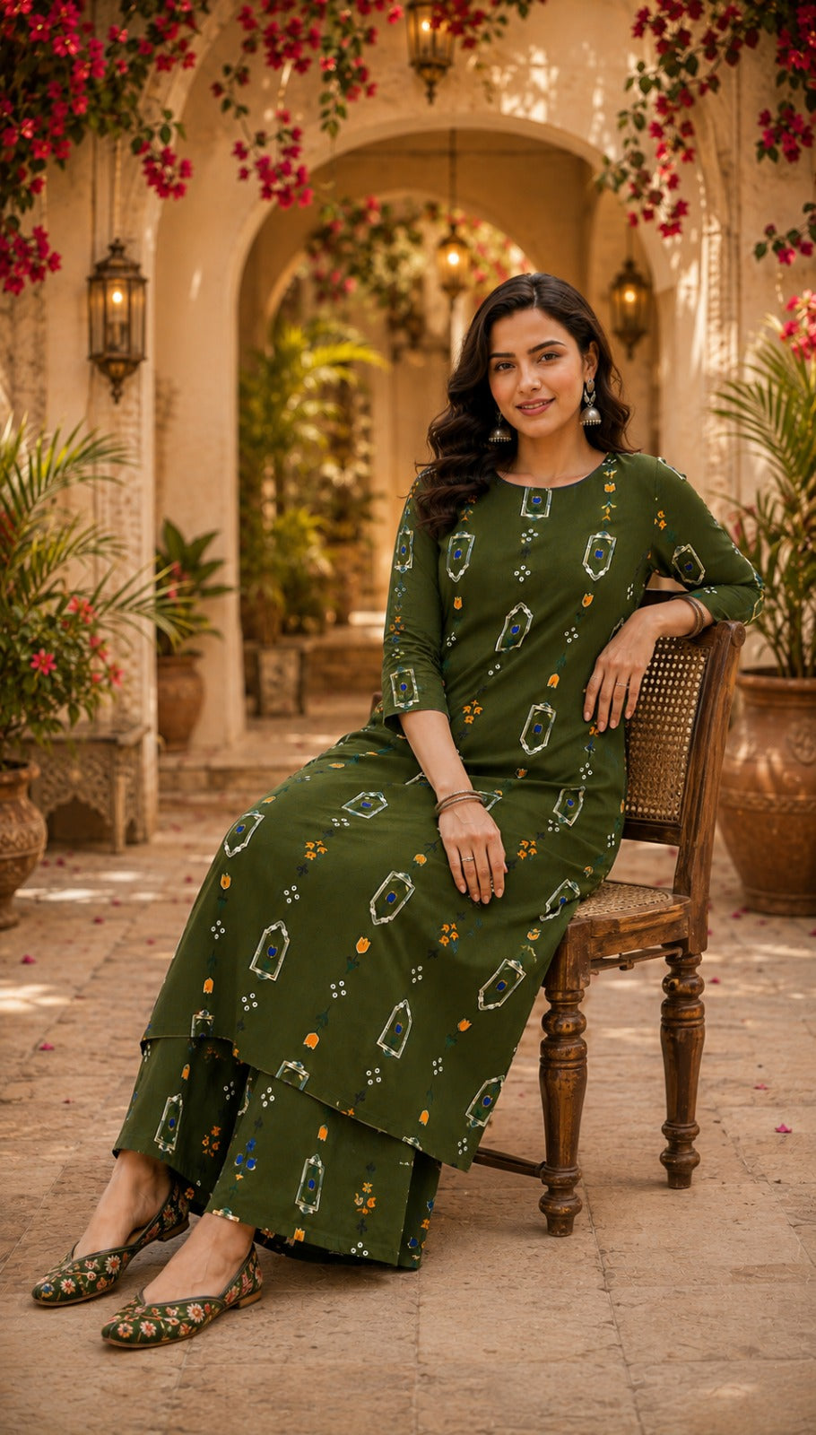 Beautiful Olive Floral Printed Kurta and Palazzo Set