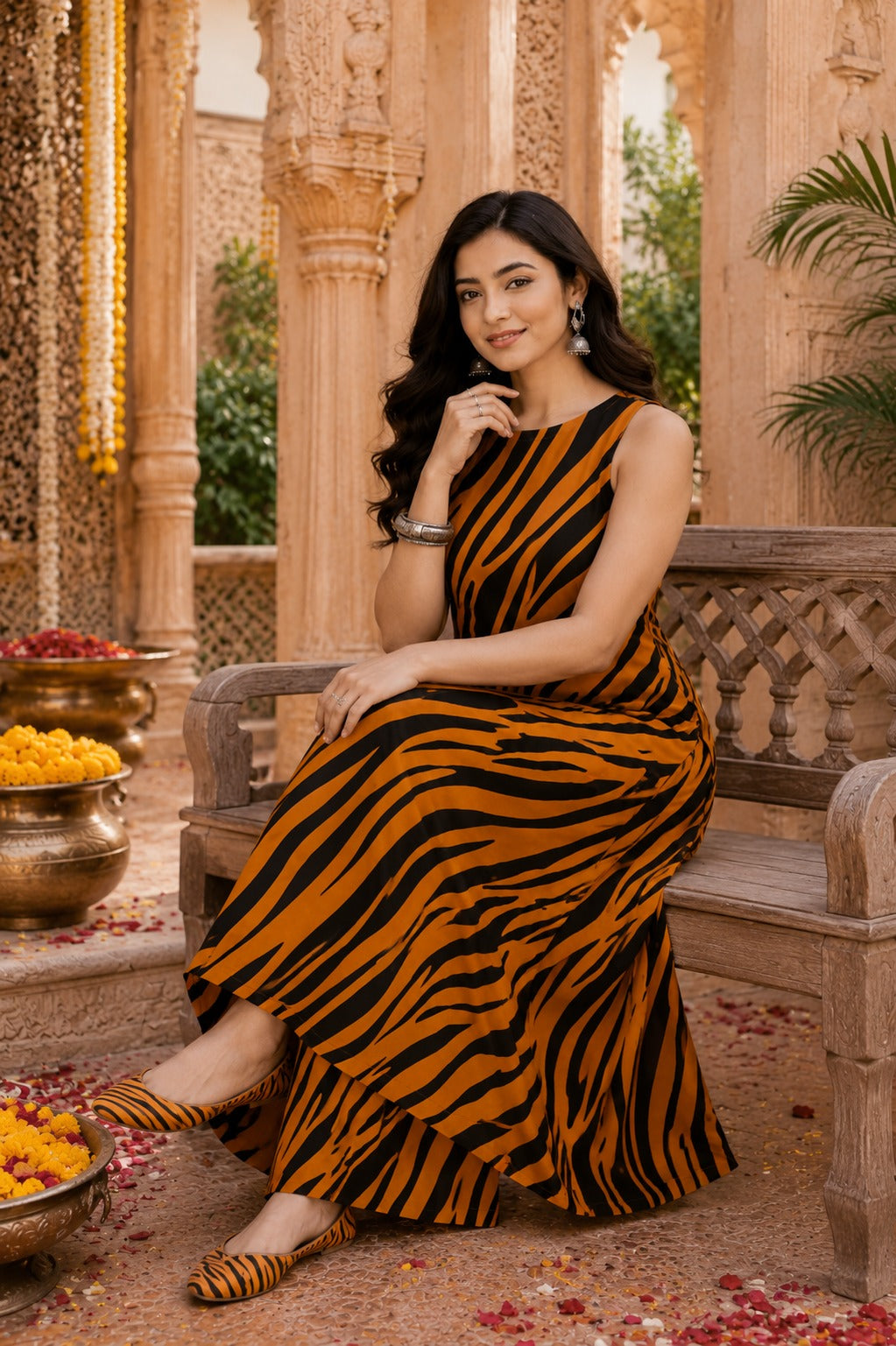 Women Mustard Abstract Printed Kurta and Palazzo Set