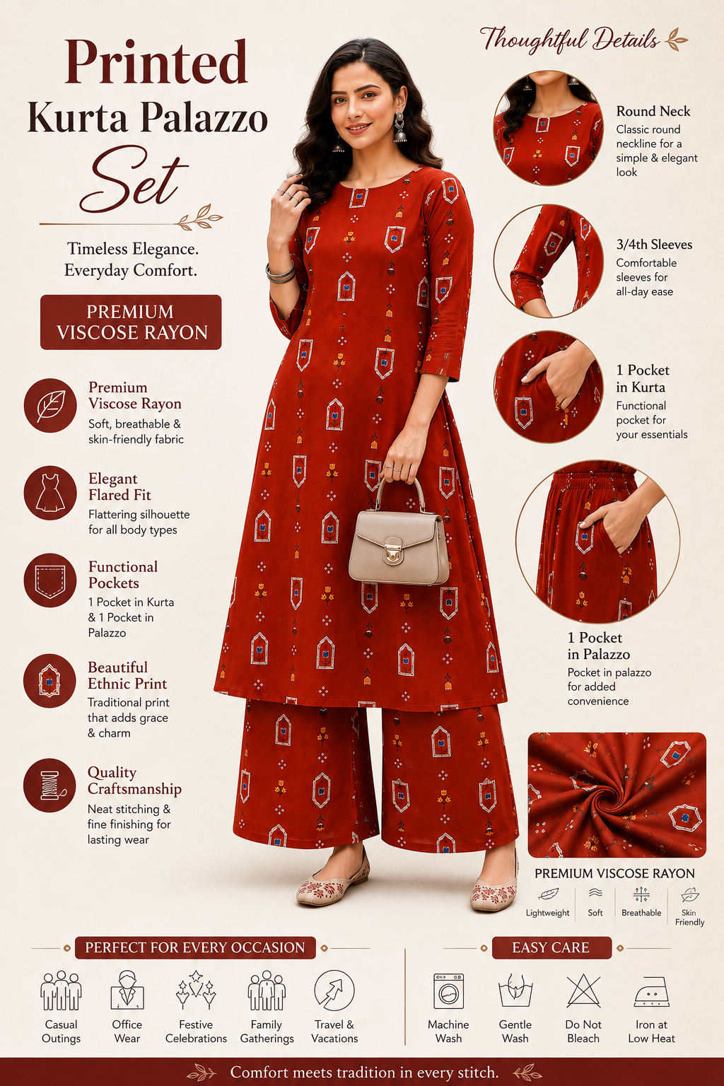 Beautiful Rust Floral Printed A-Line Kurta and Palazzo Set
