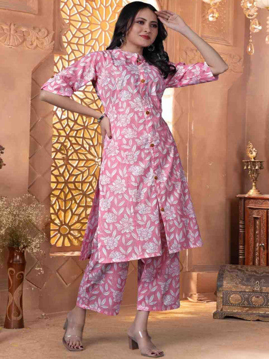 Floral Printed Band Collar Pure Cotton Straight Kurta With Trousers