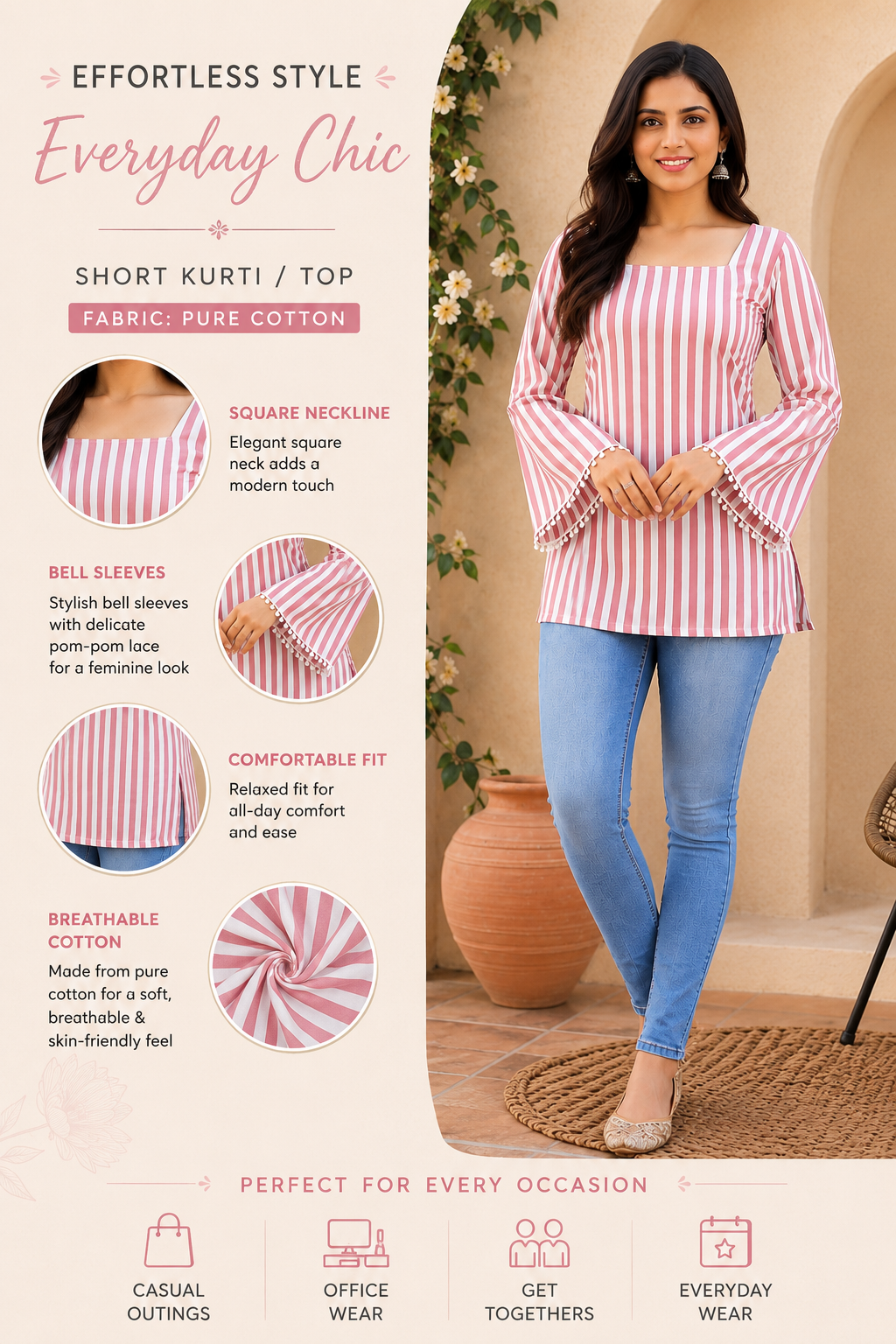 Pink Cotton Striped Regular Bell Sleeves Top