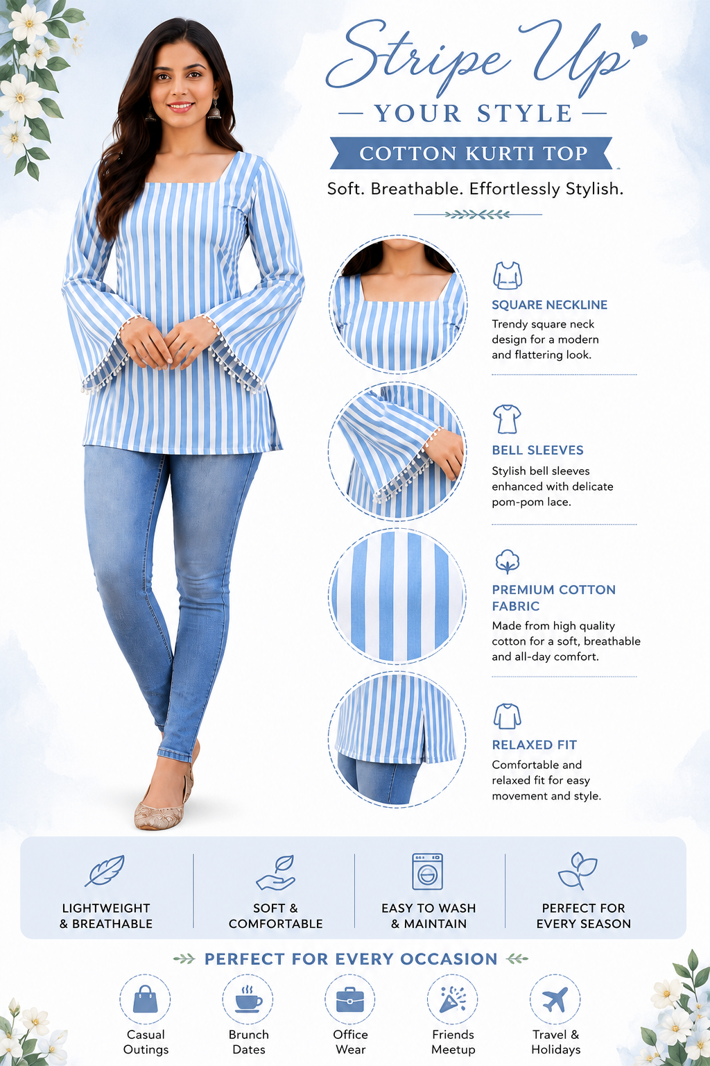 Blue Cotton Striped Regular Bell Sleeves Top