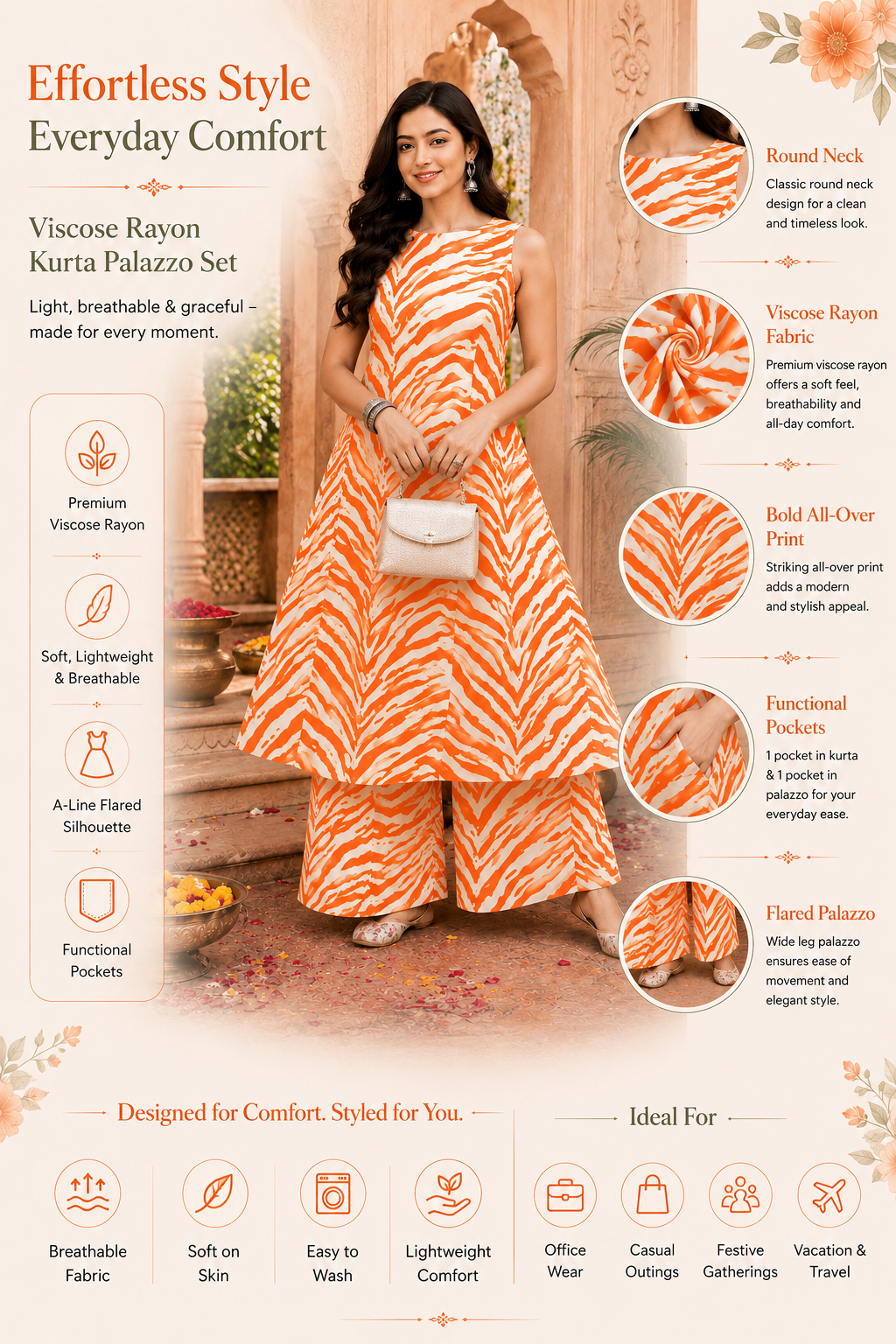 Women Orange Abstract Printed Kurta and Palazzo Set