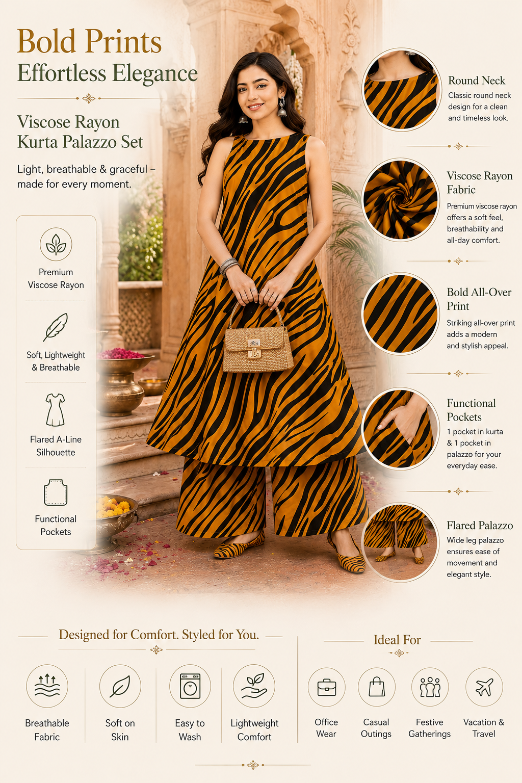 Women Mustard Abstract Printed Kurta and Palazzo Set