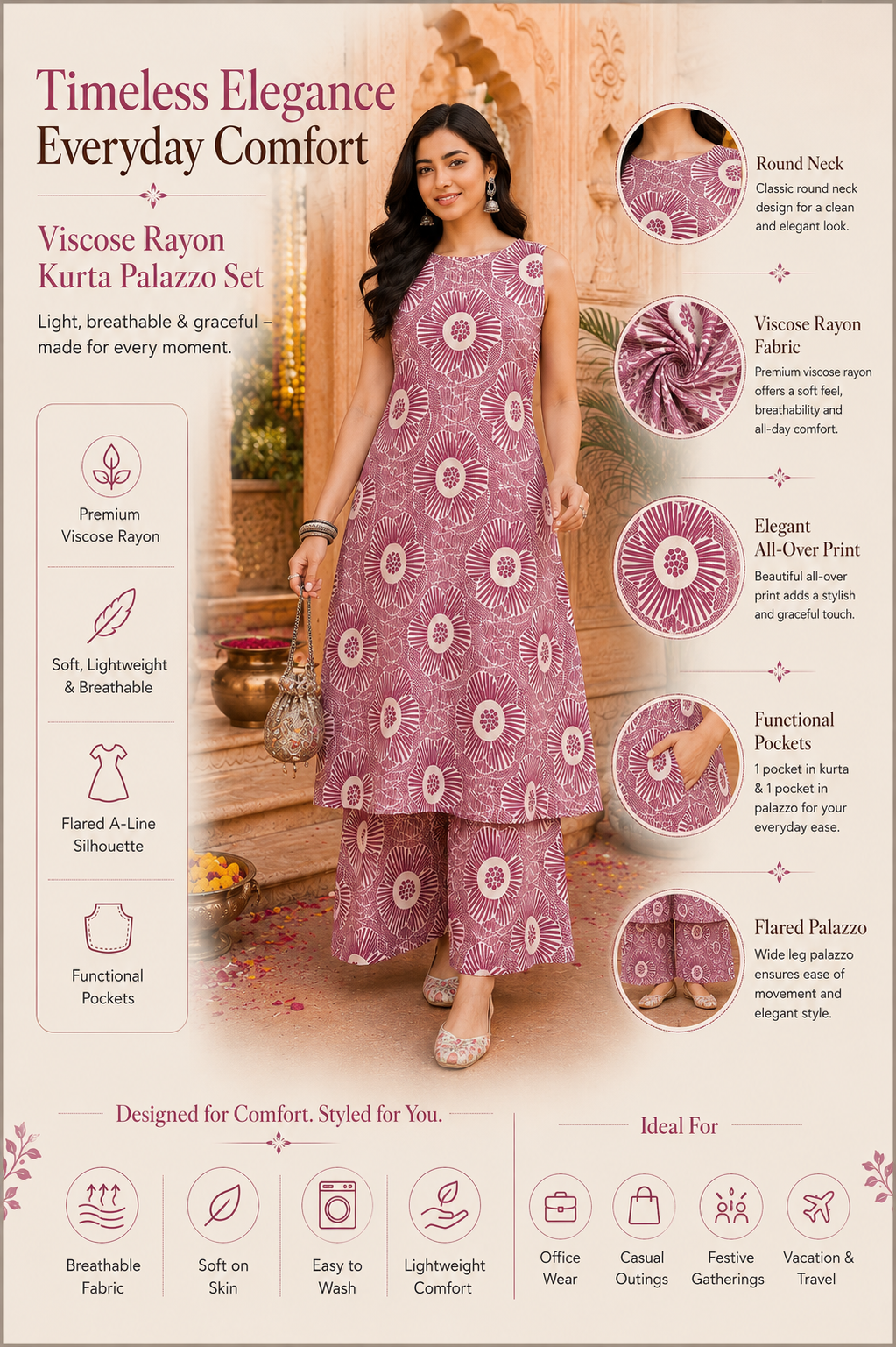 Women Purple Floral Printed Kurta and Palazzo Set