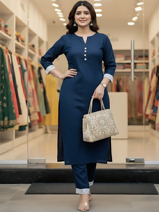 Notch Neck Straight Kurta With Trousers & Dupatta