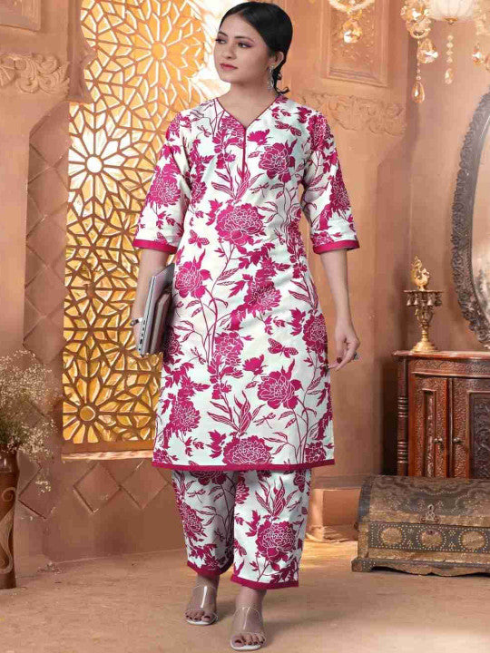 Women Floral Printed Cotton Kurta with Trousers