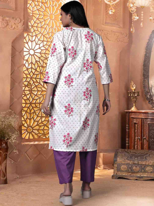 Floral Printed V-Neck Pure Cotton Kurta With Trousers