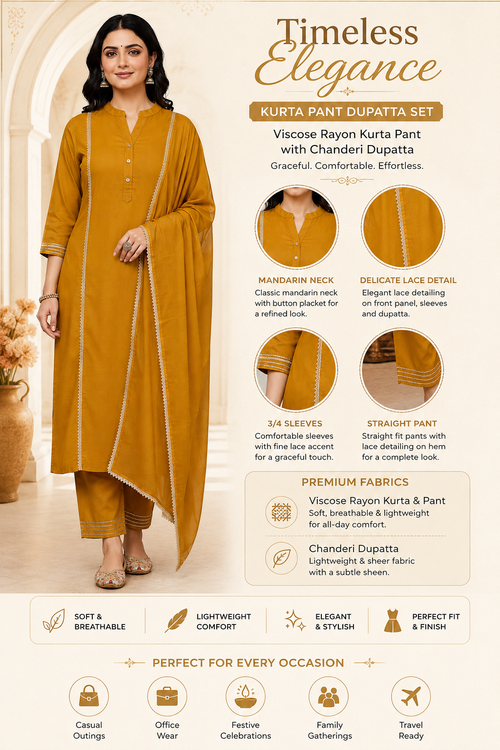 Mustard Regular Straight Kurta Pant Set