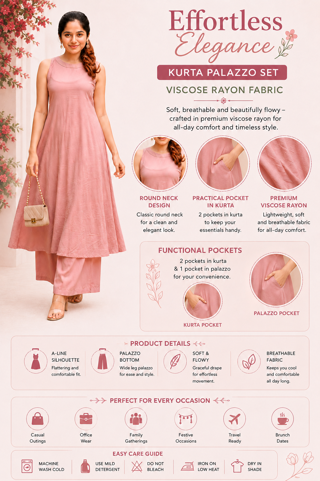 Elegant Solid Dusty Pink Kurta and Palazzo Set