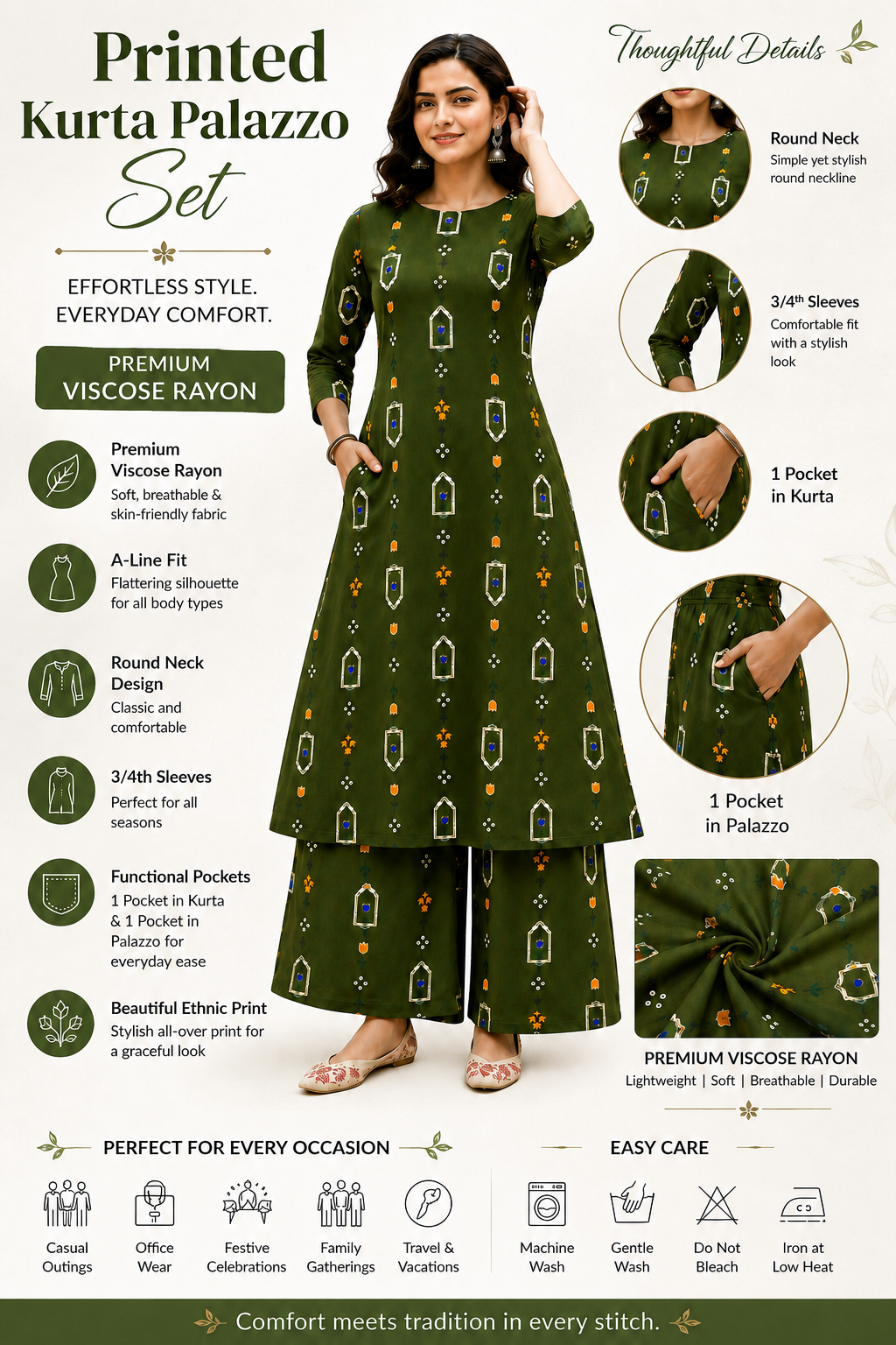 Beautiful Olive Floral Printed Kurta and Palazzo Set