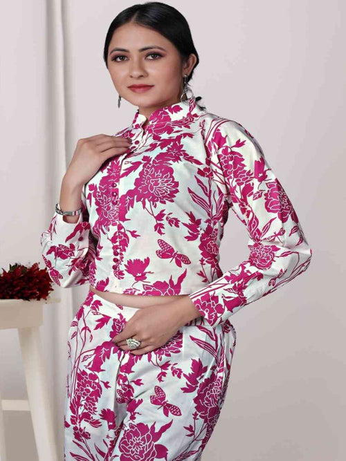 Floral Printed Band Collar Pure Cotton Top with Sharara