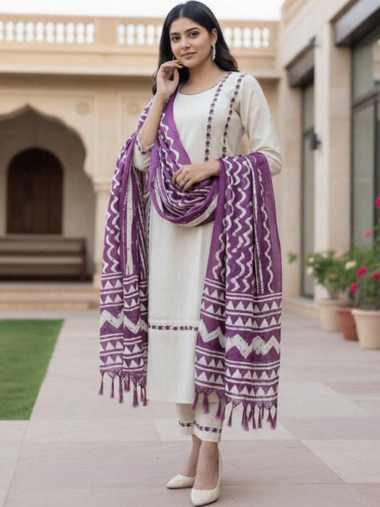 Women Ethnic Motifs Embroidered Regular Thread Work Kurta with Trousers & With Dupatta