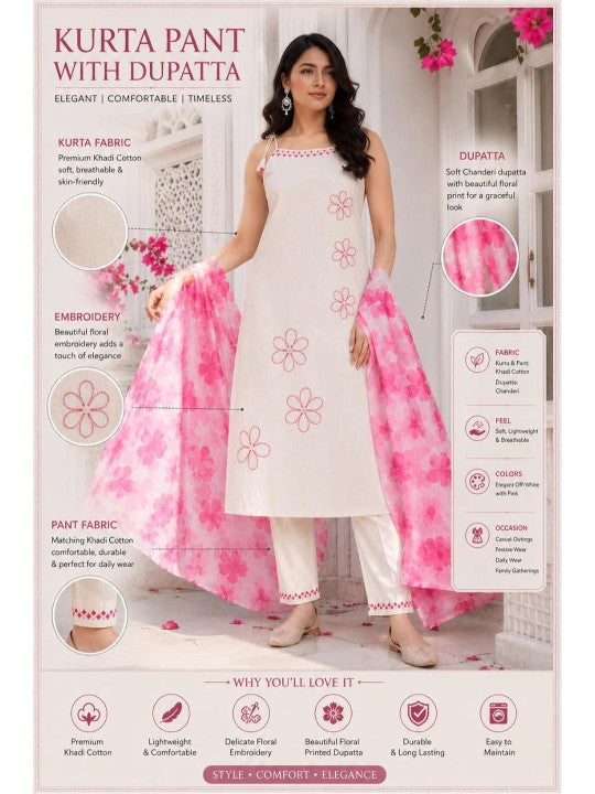 Women Floral Embroidered Regular Thread Work Kurta with Trousers & With Dupatta