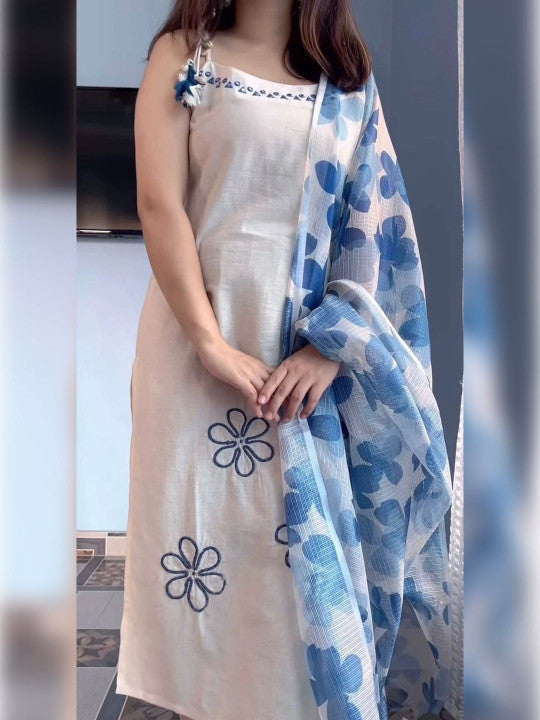 Women Floral Embroidered Regular Thread Work Kurta with Trousers & With Dupatta