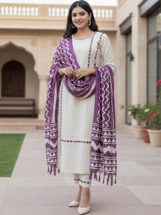 Women Ethnic Motifs Embroidered Regular Thread Work Kurta with Trousers & With Dupatta