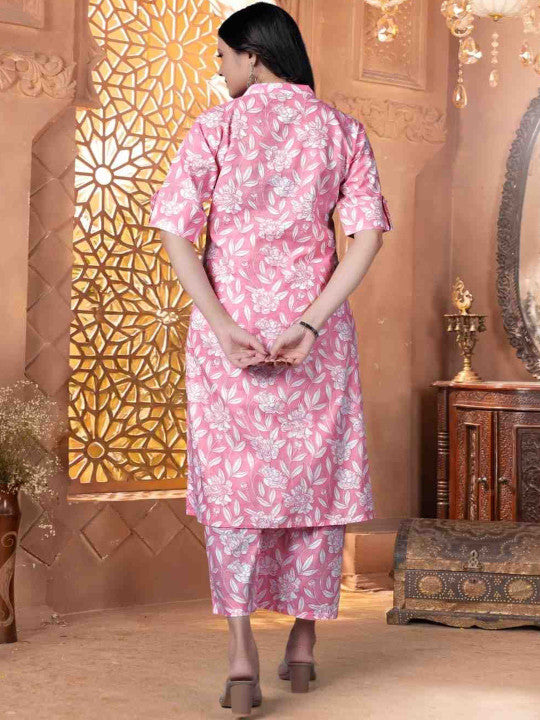 Floral Printed Band Collar Pure Cotton Straight Kurta With Trousers