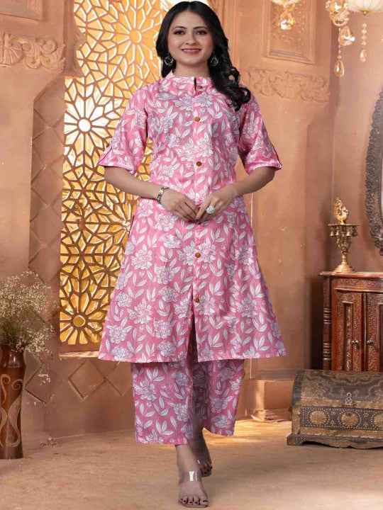 Floral Printed Band Collar Pure Cotton Straight Kurta With Trousers