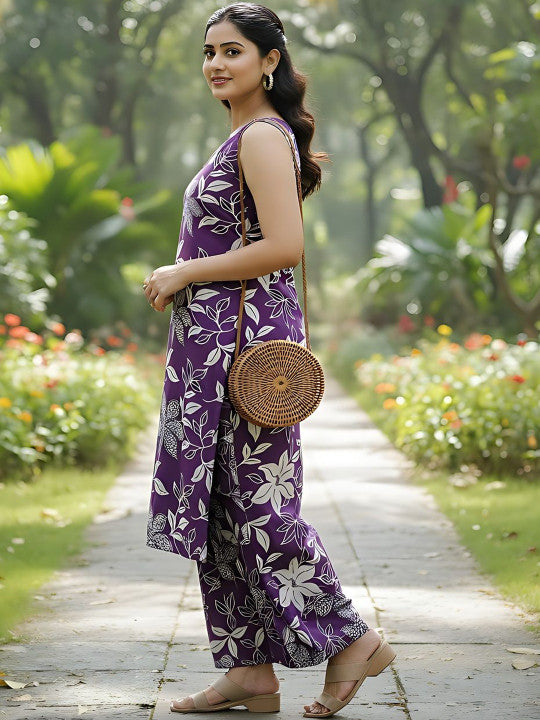 Floral Printed Square Neck Straight Kurta With Palazzos