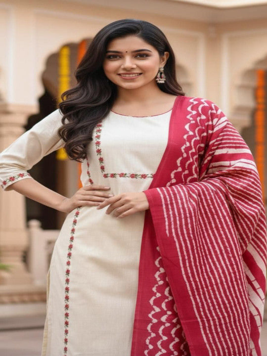Women Ethnic Motifs Embroidered Regular Thread Work Kurta with Trousers & With Dupatta