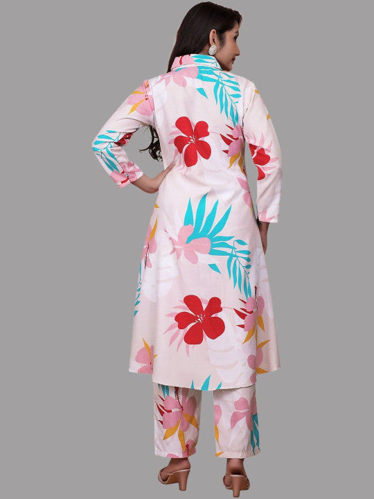 Floral Printed Shirt Collar A-Line Kurta With Trousers