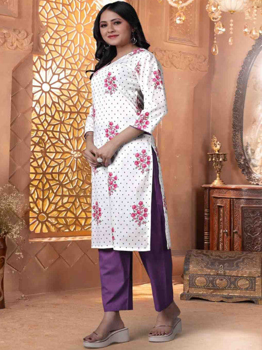 Floral Printed V-Neck Pure Cotton Kurta With Trousers